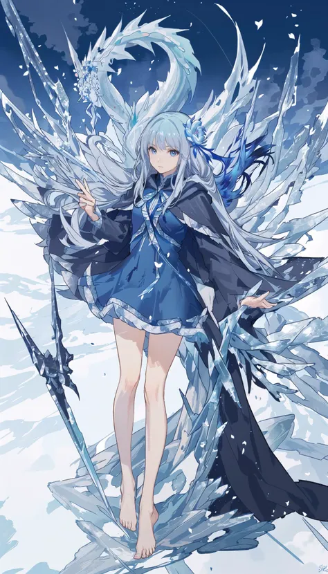 <lora:Character - Mabel (Isekai Ojisan) v1.0:0.6>, IsekaiOjisan-Mabel, masterpiece, best quality, girl, solo, alone, hood cloak, bare leg, (barefoot:1.1), (blue hair flower: 0.7), looking at viewer, huge ice, icicles from above, white background, (holding great sword made of ice), ice great sword, blue transparent sword, (blue royal cape), simple engagement ring, (blue border:1.2), flying ice shards, ice magic, standing straight, stainding in the middle, (facing forward:1.3), cold surroundings, vibrant blue colors, (pale skin:1.1), ice dragon in background, long dragon neck, dragon face in background, blue flowers, frozen flowers, cold winds, snowflakes