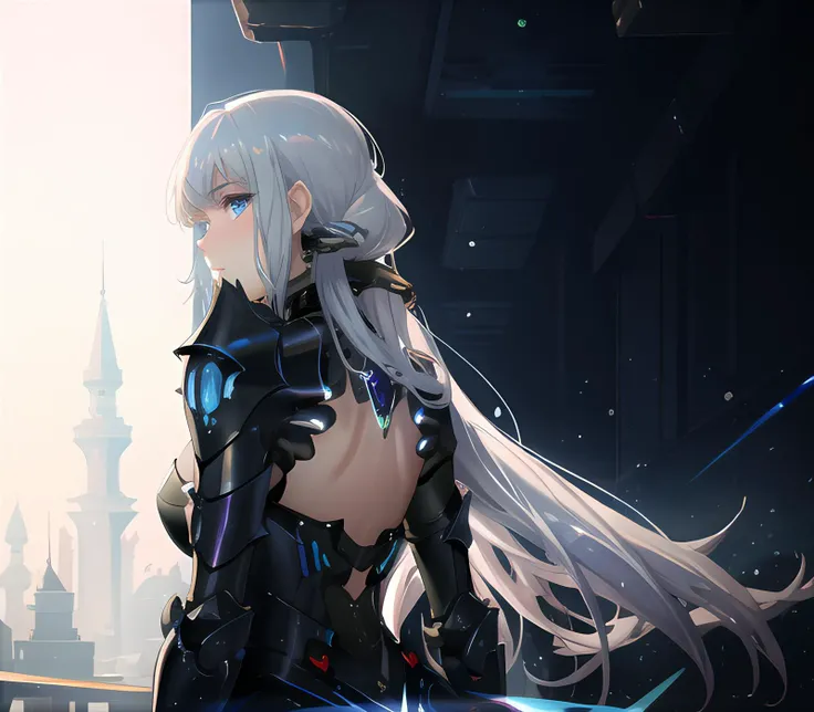(masterpiece),(best quality),(ultra-detailed), cyberpunk background, 1girl, (Glowing magical eyes:1), Exquisite Armour, lustrous skin, blush, confident, Gorgeous, long eyelashes, Detailed Armour, wearing Brighten Armour, luxury Armor, shiny eyes, silvered Armour, lustrous Armour , white-haired, aroi, girl right in the middle, detailed, perfect anatomy,reflection light, realistic light, photorealistic, cute, kawaii, detailed CG, upper body, (heavy armor), (backless), jeweled, luster, white blocks added hazy town