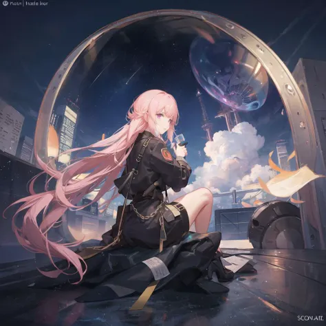 best quality, masterpiece, extremely detailed, detailed background, anime, 1girl, young girl, short girl, sci-fi, science fiction, outdoors, night, starry sky, greenhouse, megastructure, bio-dome, landscape, scenery, horizon, rooftop, sitting on rooftop, wind, looking away, atmospheric lighting, solo focus, close up, from side, depth of field, bokeh