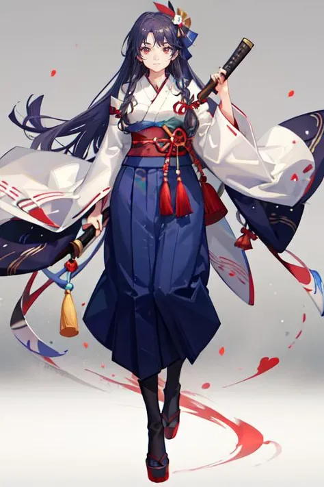 ,weapon, 1girl, long hair, male focus, sword, solo, japanese clothes, holding, holding weapon, katana, holding sword, sheath, , , long sleeves, , haori, , hakama, kimono, sheathed,full body, big beast,, (masterpiece,best quality:1.5)