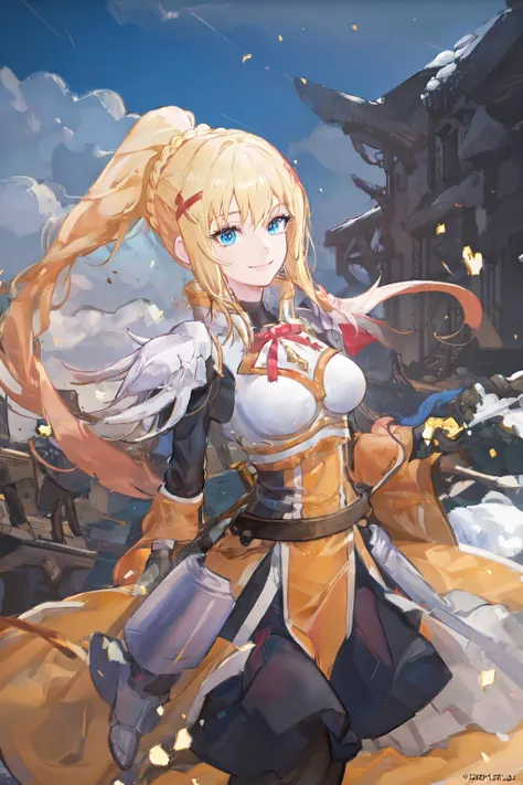 best quality, highres, 1girl, long hair, blonde hair, x hair ornament, armor, blue eyes, ponytail, hair ornament, gloves, shoulder armor, braid, black gloves, pauldrons, white boots, darkness \(konosuba\), large breasts, <lora:darkness (konosuba)_v1:1>, cowboy shot, castle, outdoors, smile