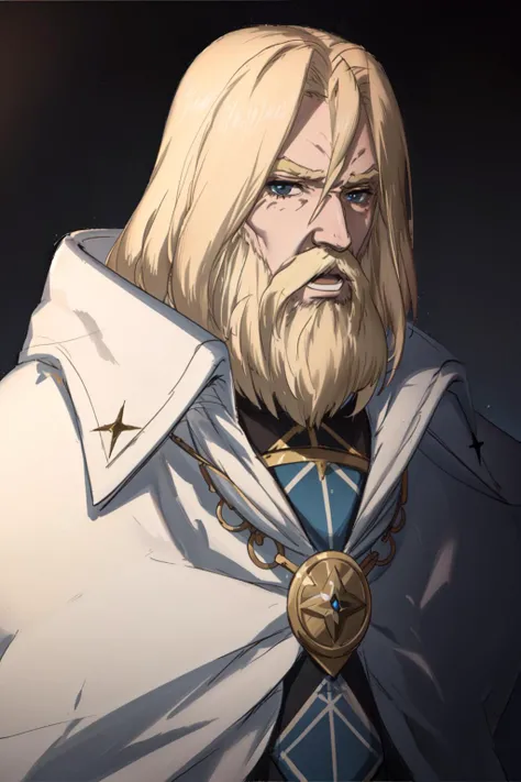 masterpiece, best quality, portrait, <lora:SouwongV1:0.65>, blonde hair, beard, mustache, old man, cloak, long sleeves, white cape, white robe, standing, upper body, looking at viewer, open mouth, <lora:add_detail:0.5>