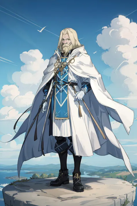 masterpiece, best quality, solo, <lora:SouwongV1:0.65>, blonde hair, beard, mustache, old man, cloak, long sleeves, white cape, white robe, standing, full body, blue sky, white cloud, field