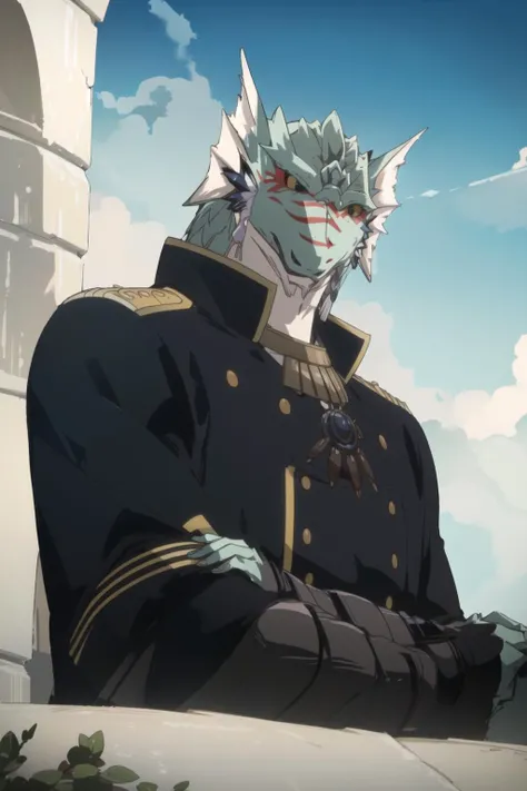 masterpiece, best quality, solo, looking at viewer, yellow eyes, from side, uniform, military, military uniform, colored skin, crossed arms, <lora:Raimusukin-000020:1>, blue sky, white clouds, field