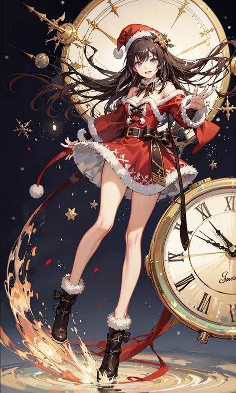 masterpiece, high quality, highres, ultra-detailed, abstract background, solo, 1girl,santa hat, Christmas, santa dress, skirt, standing, full body, brown hair, blue eyes, long hair, santa boots, snowing, snow