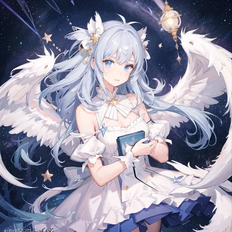 ((magical girl)), ((magical girl)), ((gorgeous starry sky background)), ((ultra-detailed)), ((best illustration)), ((cinematic lighting)),dragon, traditional media, dated, ,A dreamy background, white background, looking at viewer, sweater, solo, signature, upper body, blue eyes, animal, artist name,cute,Gorgeous costumes, white pleated skirt,Behind her is a ring of colorful feathers