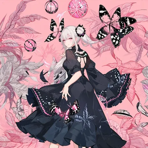 1girl, solo, dress, long hair, butterfly, black dress, looking at viewer, bug, looking back, bangs, twintails, halo, pink eyes, white hair, long sleeves, floating hair, hair ornament, water, smile, from behind, pink butterfly, closed mouth, orb <lora:floralPatternsLora_v10:1>