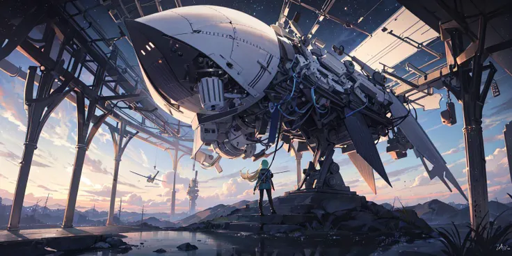 masterpiece,best quality,depth of field,full body,1girl,solo,(very wide shot:1.6),(from behind:1.2),spacesuit,cargo pants
,moon,earth,satellite,reflection,futuristic sci-fi style, fantasy style,
(1girl) was wearing a spacesuit, standing on the (moon), feeling the low gravity and (silence). In front of her was a (gray-white soil) and (craters), behind her was a huge black (satellite). She turned around and saw the distant (earth), that blue-green (planet), sparkling with clouds and light. She wondered if people on earth could see her, if they knew she was here. She felt both lonely and free, both insignificant and great.