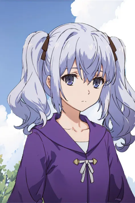 masterpiece, best quality, 1girl, solo,<lora:Nephren-000035:0.6>, looking at viewer, bangs, ribbon, hair between eyes, twintails, collarbone, hair ribbon, grey hair, hood, grey eyes, expressionless, portrait, purple dress, standing, blue sky, white cloud, field
