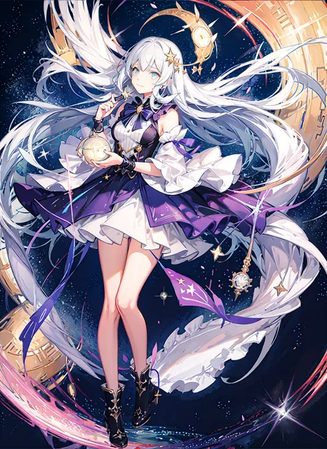 ((magical girl)), ((gorgeous starry sky background)), ((ultra-detailed)), ((best illustration)), ((cinematic lighting)), dynamic angle, floating, finely detailed, (glitter:1.2), (sparkle:1.2), (shine:1.2), classic, (painting:1.1), (sketch:1.1), (best quality), (masterpiece:1.2), (anime style), (solo), beautiful detailed face, (cute face:1.3), (big eyes:1.3), colorful hair, (long hair:1.2), (floating hair:1.2), (magical girl outfit), detailed outfit, (sparkling wand:1.3), (magical effects:1.3), (flowing skirt:1.2), (cute boots:1.1), (transparent fabric:1.1), (twinkle:1.2), (glow:1.2), (radiance:1.2), (flicker:1.2), (dazzle:1.2)