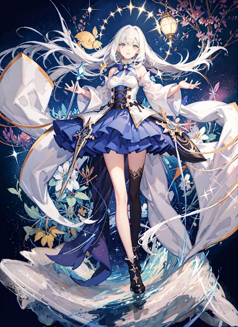 ((magical girl)), ((gorgeous starry sky background)), ((ultra-detailed)), ((best illustration)), ((cinematic lighting)), dynamic angle, floating, finely detailed, (glitter:1.2), (sparkle:1.2), (shine:1.2), classic, (painting:1.1), (sketch:1.1), (best quality), (masterpiece:1.2), (anime style), (solo), beautiful detailed face, (cute face:1.3), (big eyes:1.3), colorful hair, (long hair:1.2), (floating hair:1.2), (magical girl outfit), detailed outfit, (sparkling wand:1.3), (magical effects:1.3), (flowing skirt:1.2), (cute boots:1.1), (transparent fabric:1.1), (twinkle:1.2), (glow:1.2), (radiance:1.2), (flicker:1.2), (dazzle:1.2)