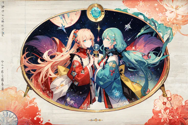 2girls. twins, mirror, science fiction, space style, stand on the spaceship, ((gorgeous starry sky background)), ((ultra-detailed)), ((best illustration)), ((cinematic lighting)), dynamic angle, floating, finely detailed, (glitter:1.2), (sparkle:1.2), (shine:1.2), (best quality), (masterpiece:1.2), (anime style), beautiful detailed face, (cute face:1.3), (big eyes:1.3), colorful hair, (long hair:1.2), (floating hair:1.2), (magical girl outfit), detailed outfit, (kaleidoscope:1.6) <lora:ukiyoEStyle_v2:0.5>
