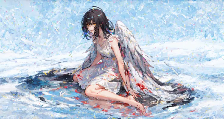 best quality,colorful,1girl,(detailed face:1.2),yellow eyes,angry,powerful, angel and devil, angel wings, barefoot, (black wings:1.3), dress, feathered wings, feathers, halo, harpy, kishin sagume, sitting, solo, spread wings,blood,blood bath, wariza, wet, wet clothes, colorful background, white dress, black feathers, winged arms, wings, destruction,post apocalyptic,end of the world,