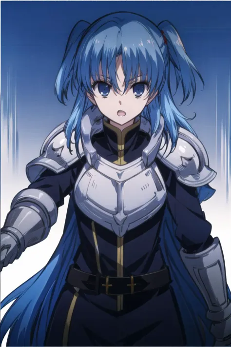 masterpiece,best quality,1girl, solo,blue hair, hair eyes, weapon, sidelocks, belt, sword, (armor), two side up,facing viewer, <lora:ChthollyV3-military:0.6>, white background, simple background
<lora:add_detail:0.5>