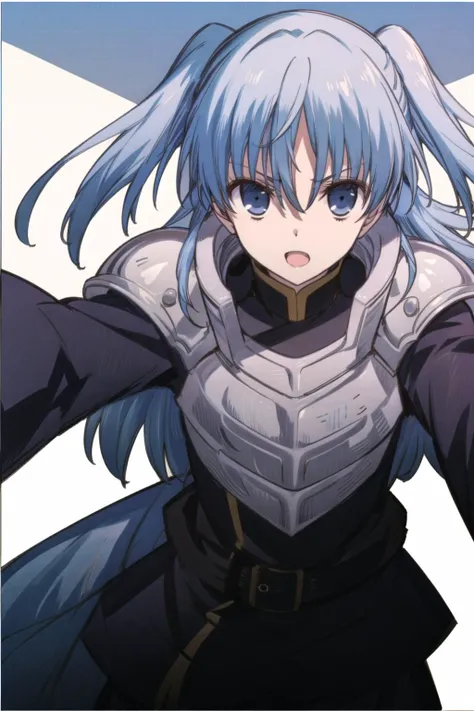 masterpiece,best quality,1girl, solo,blue hair, hair eyes, weapon, sidelocks, belt, sword, (armor), two side up,facing viewer, <lora:ChthollyV3-military:0.6>, white background, simple background, <lora:add_detail:0.5>