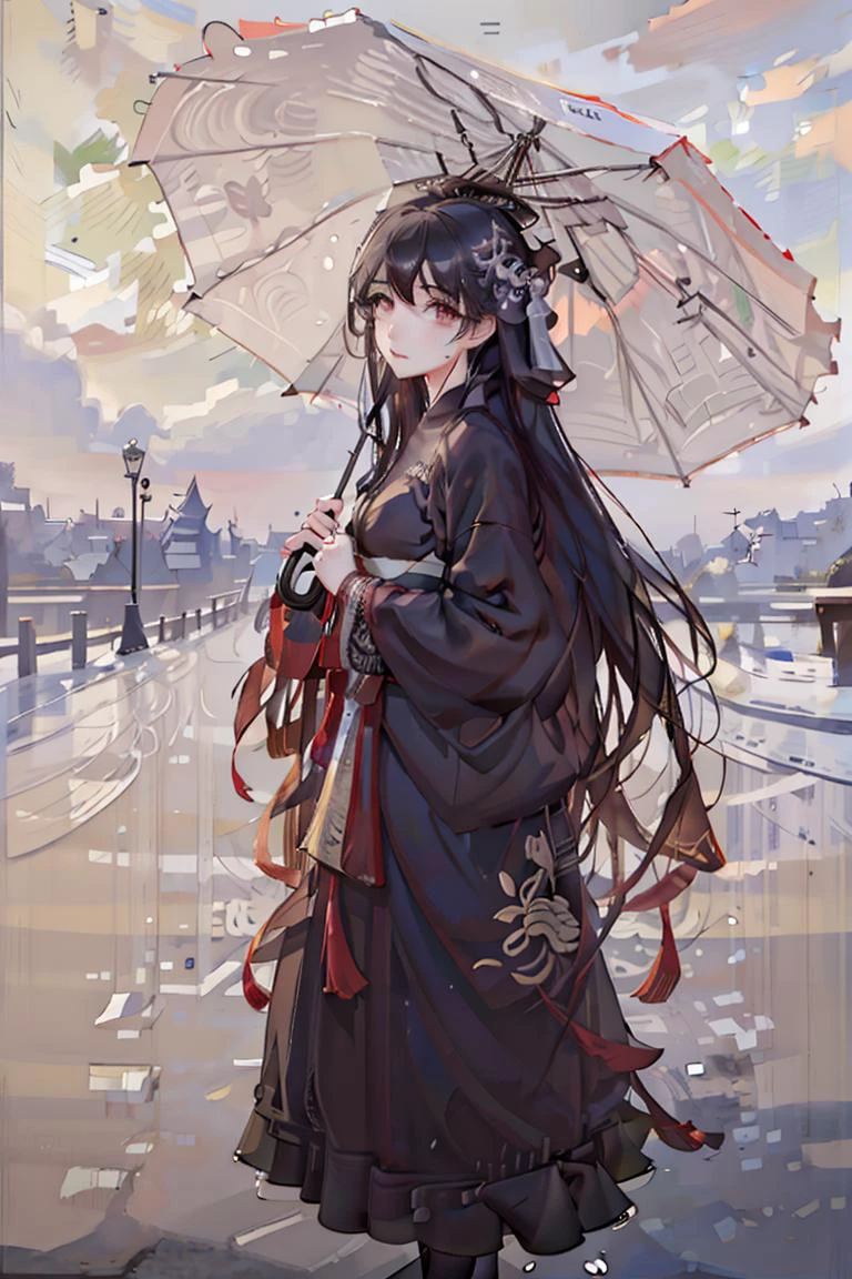 masterpiece,highres, 8k,realistic,highest quality,intricate detail,best texture,realistic,8k,soft light,perfect shadow,
cloudy sky,falling rain,wind,wet,empty street, erjie,1girl,hanfu, holding umbrella,street shot,from everywhere, <lora:Threesister-erjiev2:0.7>