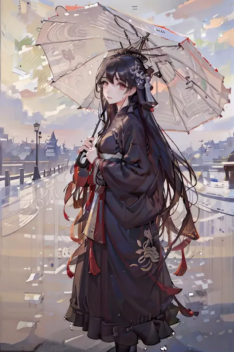 masterpiece,highres, 8k,realistic,highest quality,intricate detail,best texture,realistic,8k,soft light,perfect shadow, 
cloudy sky,falling rain,wind,wet,empty street, erjie,1girl,hanfu, holding umbrella,street shot,from everywhere, <lora:Threesister-erjiev2:0.7>