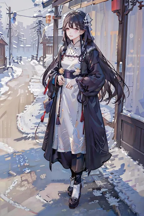 masterpiece,highres, 8k,realistic,highest quality,intricate detail,best texture,realistic,8k,soft light,perfect shadow, 
winter,falling snow,cold,no wind,crowding pedestrian street, erjie,1girl,hanfu, more cloth,Warm coat,street shot,from everywhere, <lora:Threesister-erjiev2:0.7>