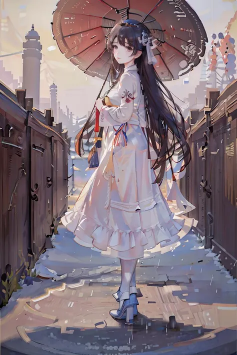 masterpiece,highres, 8k,realistic,highest quality,intricate detail,best texture,realistic,8k,soft light,perfect shadow,
falling rain,wind,wet,pavilion,Courtyard,corridor, empty street, erjie,1girl,hanfu,street shot,from everywhere, <lora:Threesister-erjiev2:0.7>