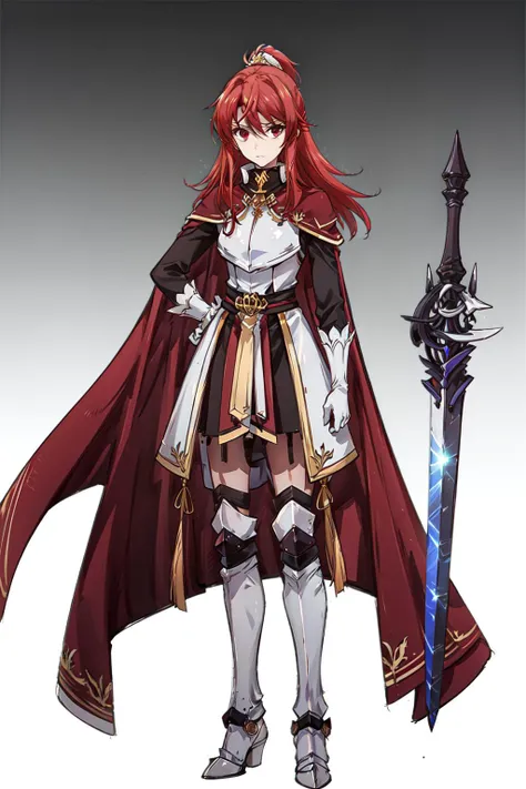 masterpiece, best quality, 1girl, solo,red hair, red eyes,<lora:Lilia-000015:0.6>, gloves, boots, white gloves, cape, armor, holding, ponytail, weapon, boots, sword, holding weapon, holding sword, <lora:GoodHands-beta2:1>, <lora:add_detail:0.5>