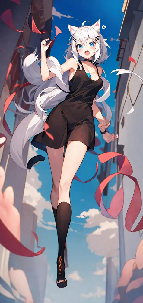 catgirl, cat ears, white hair, open mouth, hair clips, dark blue eyes, skin fang
cat tail, big breasts, cleavage, (kawaii:1.4), tilted body, on knees and hands, pink tank top, collarbone
pov, (from below:1.2), best quality, perfect anime illustration, masterpiece, highly detailed, high resolution, high quality