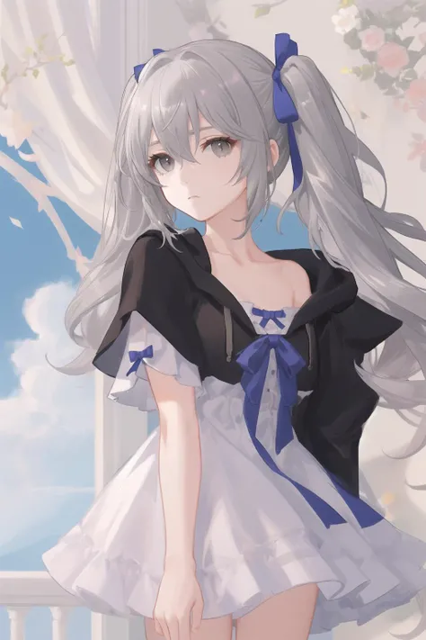 masterpiece, best quality, 1girl, solo,<lora:Nephren-000035:0.6>, looking at viewer, bangs, ribbon, hair between eyes, twintails, collarbone, hair ribbon, grey hair, hood, grey eyes, expressionless, portrait, purple dress, standing, blue sky, white cloud, field