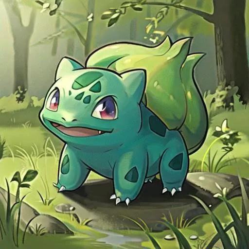 Bulbasaur aims to not only heal his friends but also the nature he lives among, highly detailed, by greg rutkowski, Bulbasaur_Pokemon