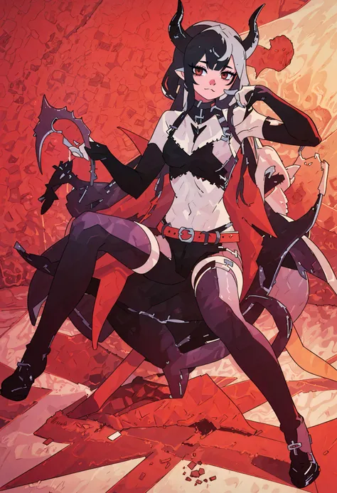 (Young skinny demon is sitting on her lap, (red skin:1.5), crop top, belt, navel, long hair:1.2)
A dragon-like creature in the background
best quality, perfect anime illustration, masterpiece, highly detailed, high resolution, high quality
sexy, hentai, multicolored long hair, black eyes
<lora:flat2:1>, flat colors
<lora:d3v1lg1rl:0.6> d3v1lg1rl, black hair, red eyes, makeup, colored skin, demon girl, demon horns, red skin, black eyes