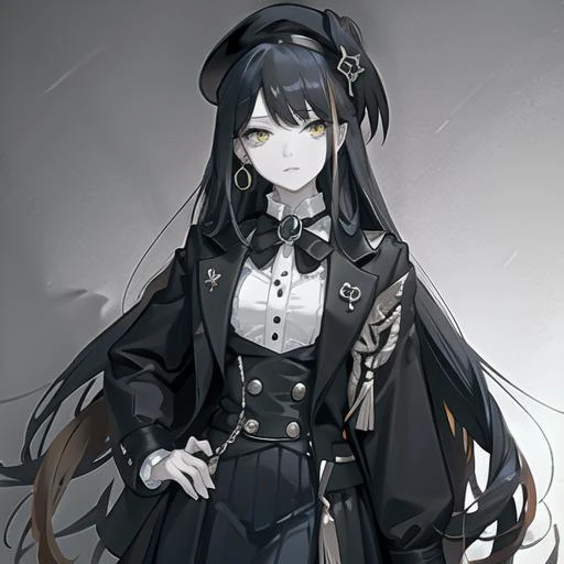 score_9, score_8_up, score_7_up, (best quality, masterpiece, perfect face), 1girl, 18 years old, solo, beret, black hair, black headwear, closed mouth, earrings, hat, jacket on shoulders, jewelry, long hair, multicolored hair, streaked hair, two-tone hair, white hair, yellow eyes, face focus, beautiful hair, perfect hair, loraeyes, <lora:add-detail-xl:3>