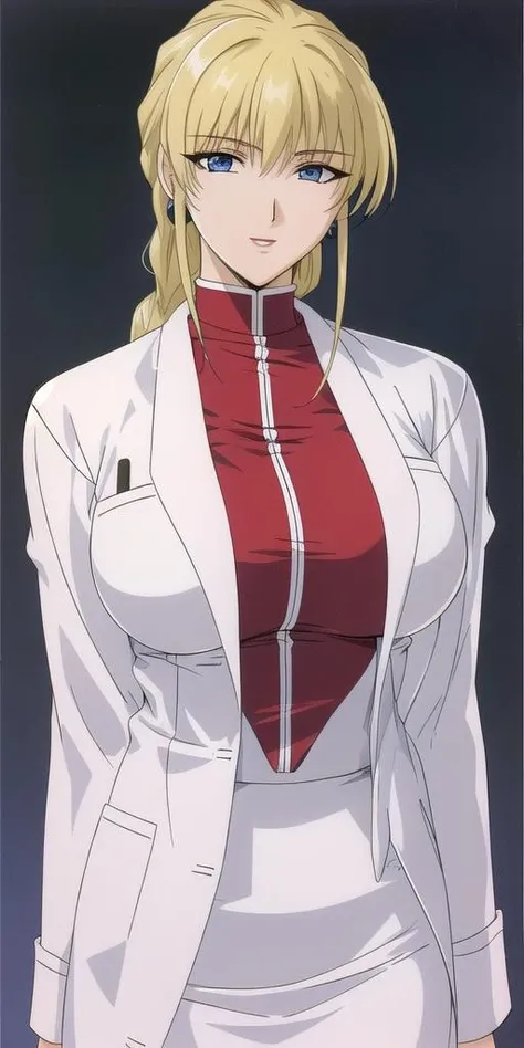 <lora:inez_fressangeV2:0.7> inez_fressange, huge_breasts, standing, solo, red_turtleneck_shirt_white_pencil_skirt_labcoat,, masterpiece, best quality, detailed face, detailed eyes, highres,