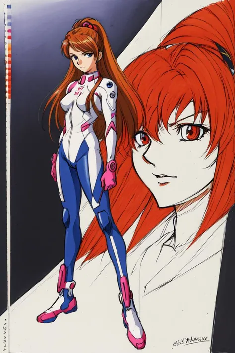 Color manga drawing, portrait, medium shot, from front, full body, Olivia Nunez, Mexican teenage woman, plug suit, highly detailed, sketchbook page, drawn with Copic markers, heavy inks, Neon Genesis Evangelion, fan art, original character, gregarious, tough, friendly