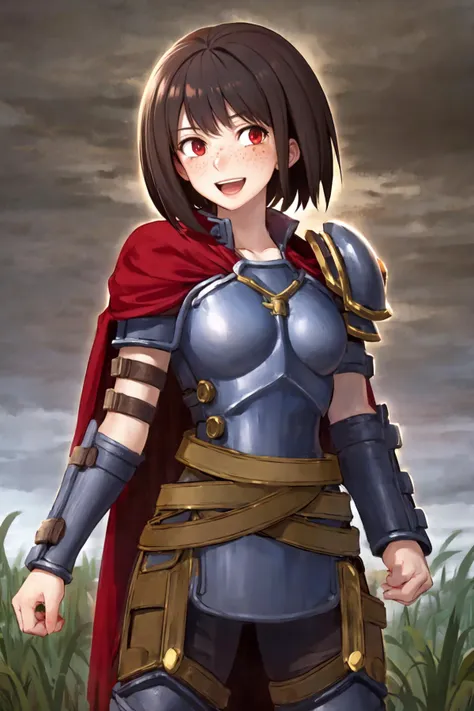 (masterpiece,best quality:1.2),bellonasmite,dark brown hair,red eyes,solo,armor,breastplate,shoulder armor,red cape,belt,:d,happy,cowboy shot,outdoors,grey skies,(bangs,freckles) ,<lora:bellonasmite:0.9>, <lora:LORA-XenoDetailer-v2:0.1>