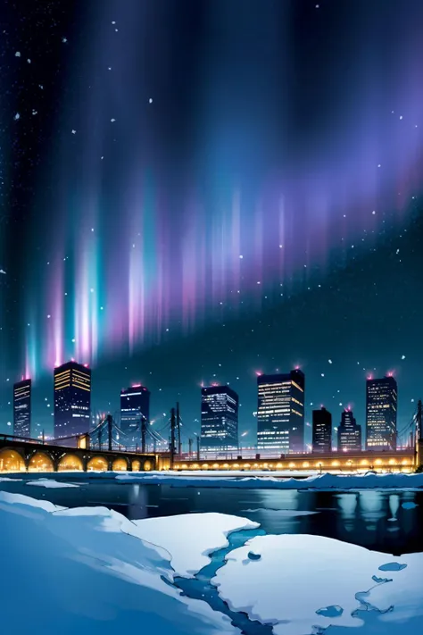 cityscape,no humans,at night,skyscrapers,concrete,brutalism,aurora borealis,in arctic,snow