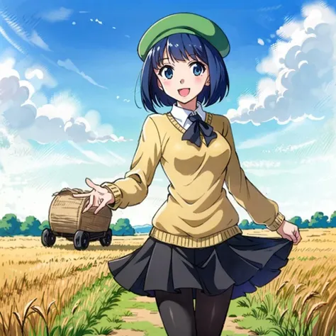 1girl,blue hair,bob cut,beret,sweater,skirt,pantyhose,outdoors,in wheat field,hay bales,happy,:d,looking at viewer,medium breasts