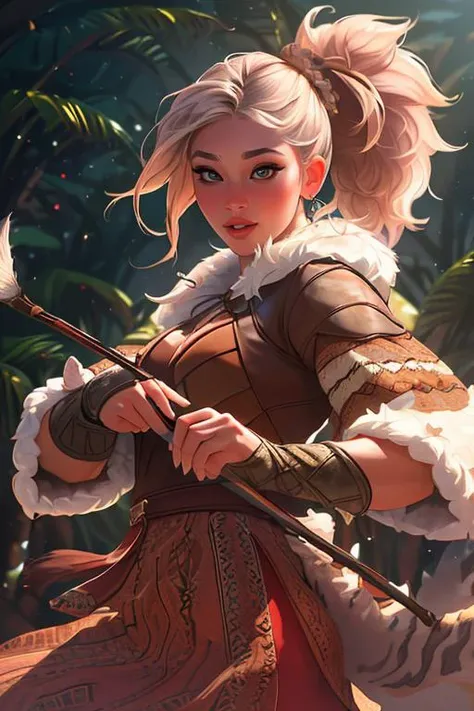 DEN_kali_roses,
(prehistoric warrior woman hunting in a chaotic jungle with spears and arrows, (fur clothing:1.2), fur, warrior, prehistoric, cave person, (wearing fur clothes:1.2), (wearing animal skins:1.2), fur, animal skins:1.1),
bokeh, f1.4, 40mm, photorealistic, raw, 8k, textured skin, skin pores, intricate details  <lora:epi_noiseoffset2:1>, epiCRealism <lora:ClothingAdjuster3:-1.3>