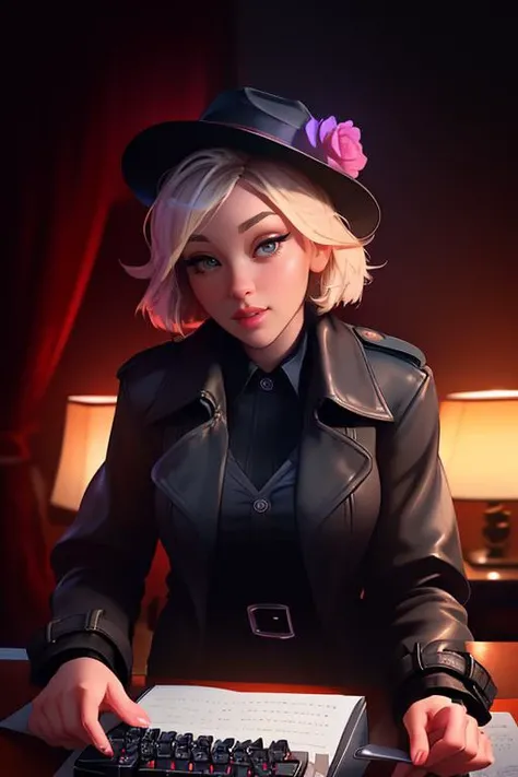 DEN_kali_roses,
(a 1940s private investigator wearing a trench coat and rimmed hat sitting in a drab dank office at the desk using a typewriter, private investigator, 1940s:1.1),
bokeh, f1.4, 40mm, photorealistic, raw, 8k, textured skin, skin pores, intricate details <lora:epi_noiseoffset2:1>, epiCRealism <lora:ClothingAdjuster3:-1.3>