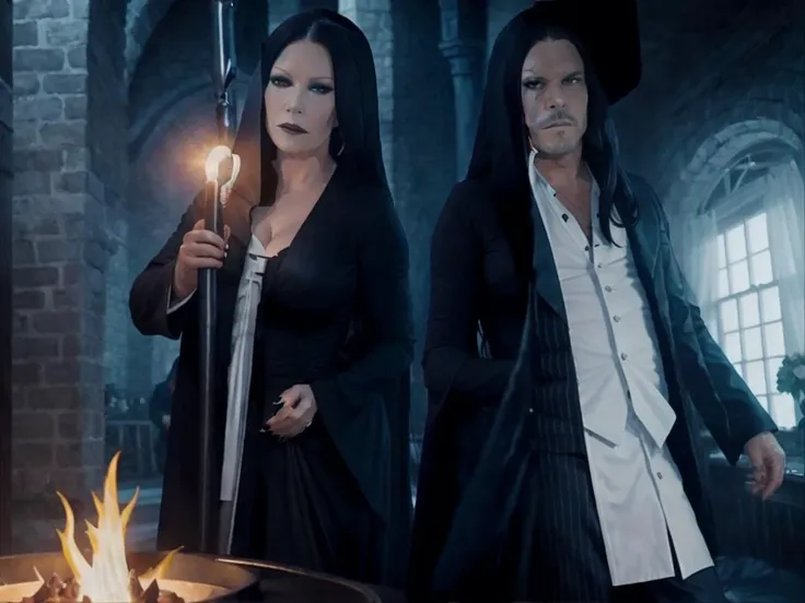 Black mass, hooded monks holding torches AND Morticia Addams hosting a black mass, <lora:gomezAndMorticiaAddams_addamsV15c2:1> AND Black Mass