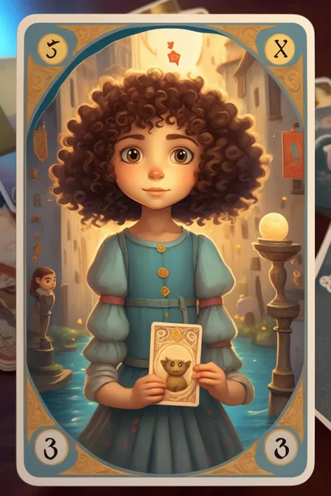 <lora:Dixit Card Generator:1>Dixit Card Generator - Ghibli Style 3D Draw a picture of a 6-year-old cute, curious curly-haired girl holding a tarot card
