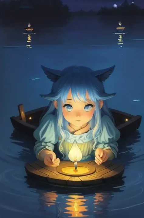 (<lora:Dixit:1>, painting of a ) content Candlelight, focused, lake, ((dusk )), Planting with a wet, archipelago , (Dazzling Blue), ( surreal), incredible, cute, impressive skill, <lora:epiNoiseoffset_v2:0.7>, high detail, simple scene