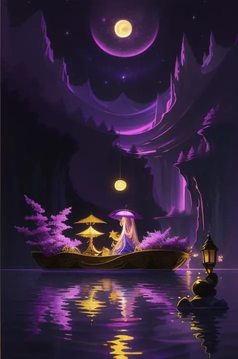 (<lora:Dixit:1>, painting of a ) luxurious Gems, hungry, lake, ((evening )), Glorifying with a failing, oasis , (Midnight Purple), ( surreal), incredible, cute, impressive skill, <lora:epiNoiseoffset_v2:0.7>, high detail, simple scene
