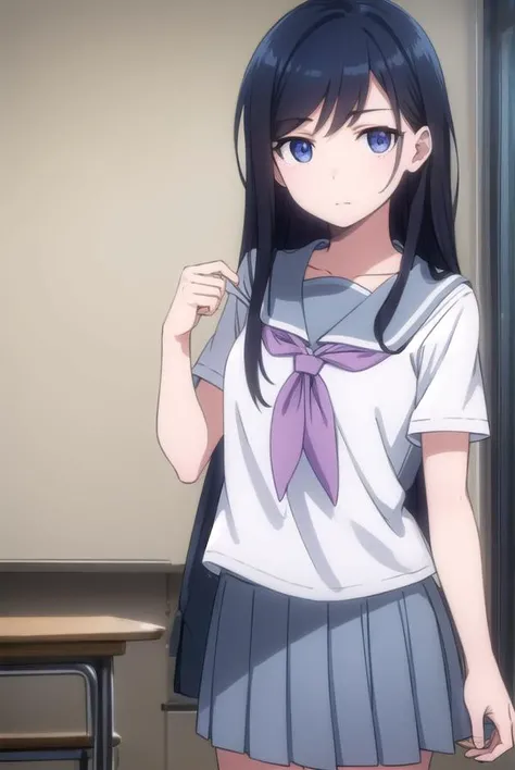 ayasearagaki, <lora:ayase aragaki s2-lora-nochekaiser:1>,
ayase aragaki, long hair, blue eyes, black hair, hair between eyes,
BREAK skirt, school uniform, serafuku, shirt, white shirt, grey sailor collar, grey skirt, pleated skirt, neckerchief, pink neckerchief,
BREAK indoors, classroom,
BREAK looking at viewer, (cowboy shot:1.5),
BREAK <lyco:GoodHands-beta2:1>, (masterpiece:1.2), best quality, high resolution, unity 8k wallpaper, (illustration:0.8), (beautiful detailed eyes:1.6), extremely detailed face, perfect lighting, extremely detailed CG, (perfect hands, perfect anatomy),