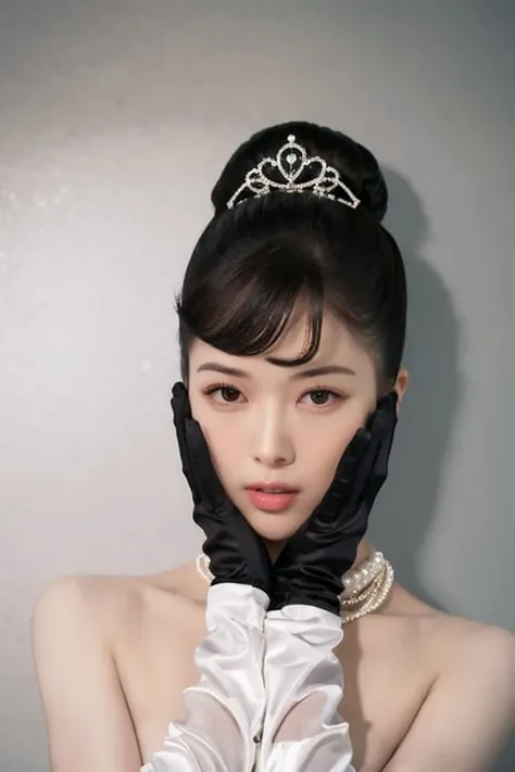 (4k,  best quality, highres:1.1), (realistic, photo-realistic:1.1),   1girl,  solo,  detailed  eyes, fine complexion, (looking at viewer:1.2), cute,  pure, long eyelashes, upper body, blush, 
two hands holding head, parted lips, looking forward, innocent eyes, black dress,  pearl necklace, pearl earrings, black gloves, topknot, diamond crown, audrey hepburn style
realistic light, realistic shadow,   [blurry background], eye  focus,  [depth of field], professional lighting, photon mapping, radiosity, physically-based rendering, High Detail,  F/2.8, 200mm lens, catch light,