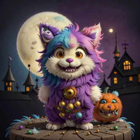 a small,colorful, fuzzy, fluffy fur,,cute, smiling, happy(joy:1.5) fantz creature. The background is a old victorian house decorated for Halloween. Halloween night, a full moon. <lora:Small_Mostersv2:0.8>