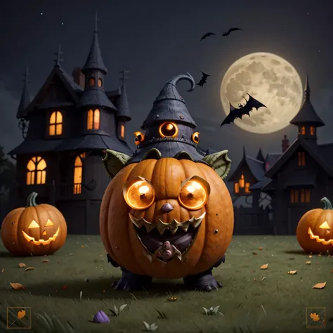 a small fantz pumpkink creature. The background is a old victorian house decorated for Halloween. Halloween night, a full moon. <lora:Small_Mostersv2:0.8>