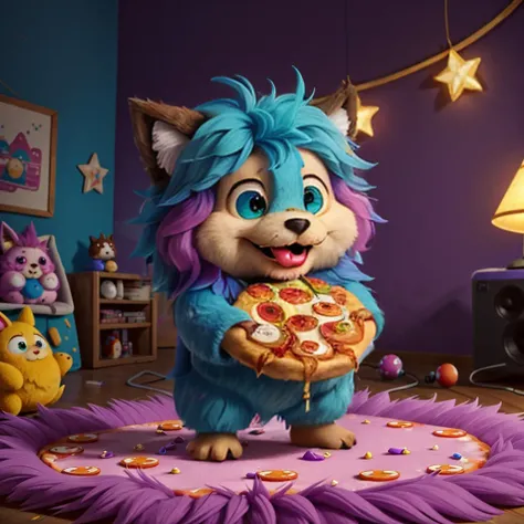a small,colorful, fuzzy, fluffy fur,,cute,happy, fantz creature, eating pizza, The background is a large cozy room, a video game console and stained walls. <lora:Small_Mostersv2:0.8>