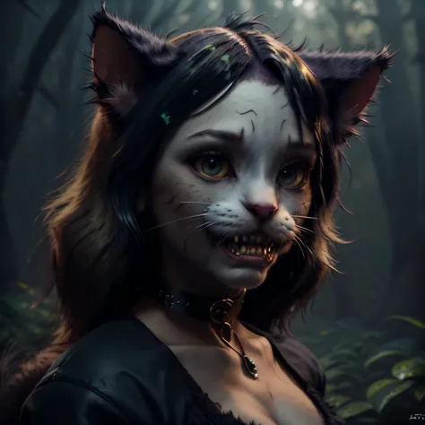 Fantz cartoon monster sexy (cat:1.4) woman jennaortega, (cat eyes), crazy, haunted forest, smile, choker, detailed mouth, detailed eyes, detailed skin, high detail, dark studio, two tone lighting, <lora:Small_Mostersv2:1.2> <lora:epi_noiseoffset2:0.6>