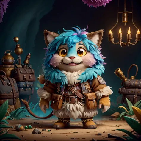 a small,colorful, fuzzy, fluffy fur,,cute,happy, fantz creature, dressed like Indiana Jones, the background is a party. <lora:Small_Mostersv2:0.8> <lora:ExpeditionStyle(1):0.8>