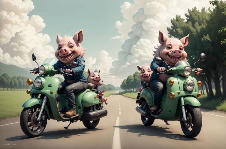 Fantz cartoon (two duo pigs:1.1) design, ultra detailed, random colors, riding a moped in the country, smiling, happy, action shot, wind, <lora:funnyCreatures_v20:1>
