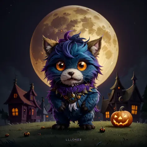 a small,colorful, fuzzy,cute fantz creature. The background is a old victorian house decorated for Halloween. Halloween night, a full moon. <lora:Small_Mostersv2:0.8>