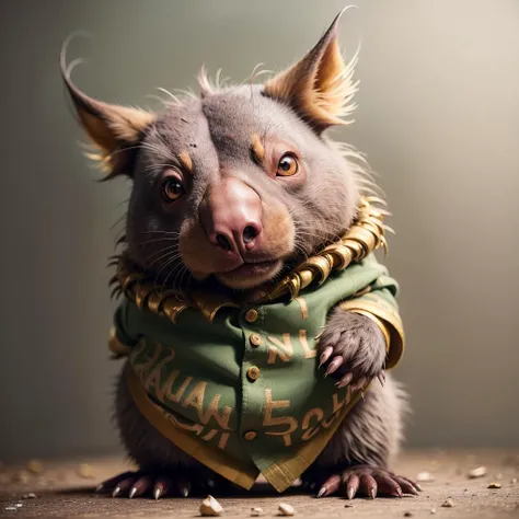 Fantz cartoon monster wombat wearing  dress shirt, Macchiaioli ,Watercolour, <lora:funnyCreatures_v1:1>, moody lighting, golden hour,Mughal painting